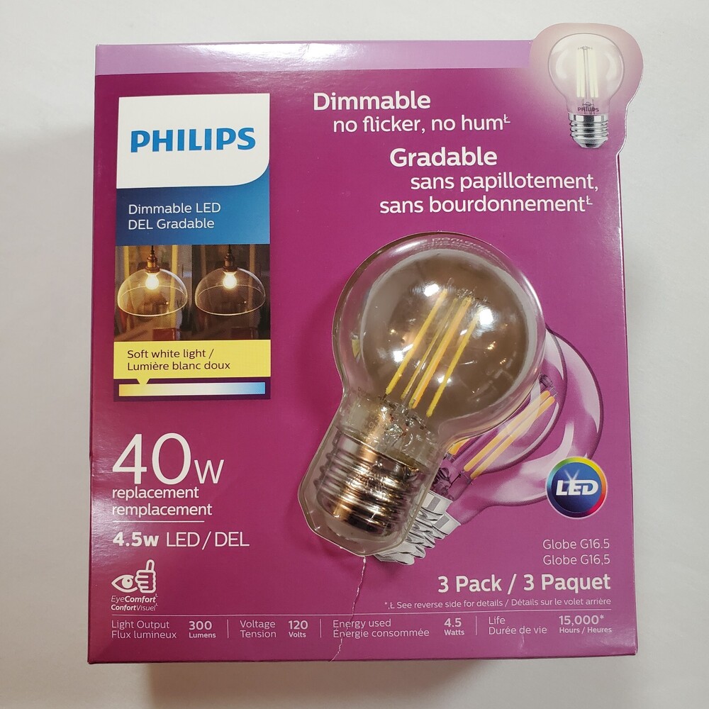 Philips LED 4.5W 300 Lumens Soft White G16.5 Globe Light Bulb Medium Base 3 Pack